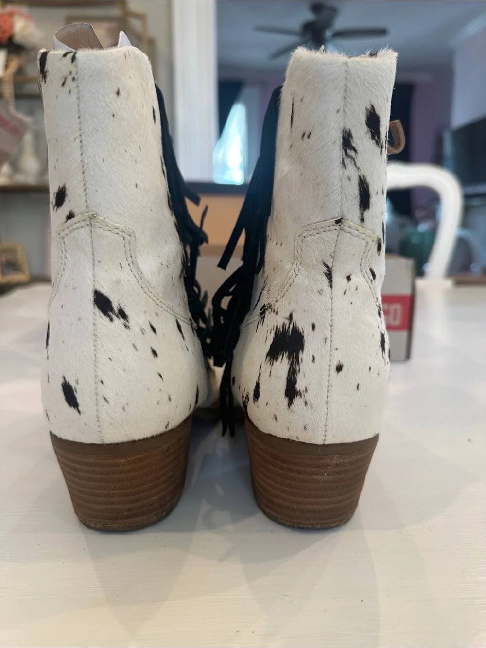 Dingo White and Black Spotted Cowhide Fringe Ankle Boots